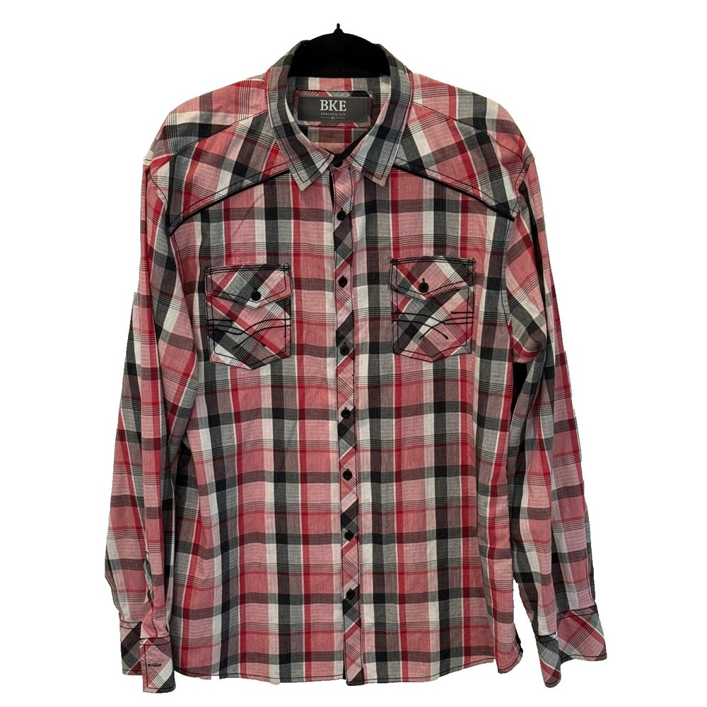 Men's‎ BKE Buckle Athletic Fit Size XL Red Black White Plaid Western Style Shirt